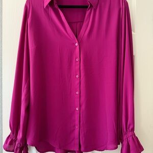 Express Pink Bishop Sleeve Button Down Top